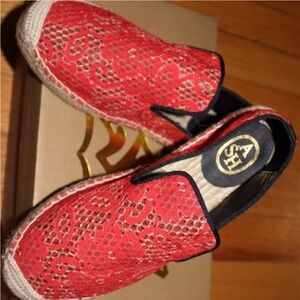 Ash Red Lace Espadrille Slip-Ons with Black Trim